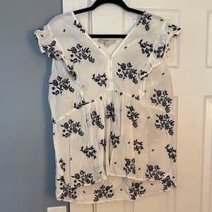 LOFT White Blouse with Navy Floral Embroidery and Ruffle Sleeves